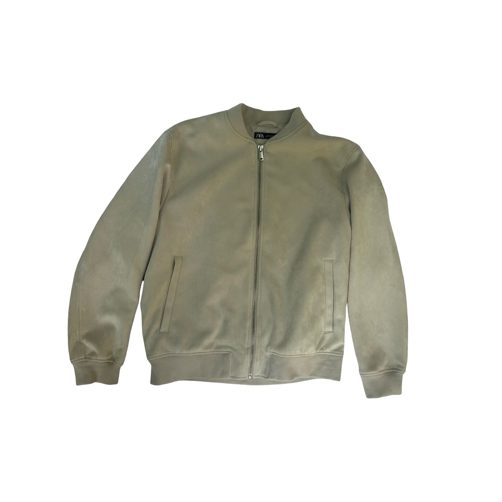 Zara Man Faux Suede Bomber Jacket Sand Beige Full Zip Ribbed Trim Mens XL‎